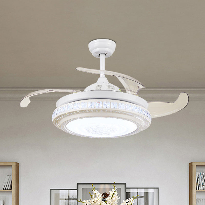 2-Tier Round Crystal Semi Mount Lighting Contemporary 16.5" Wide LED White Hanging Fan Lamp, 4 Blades
