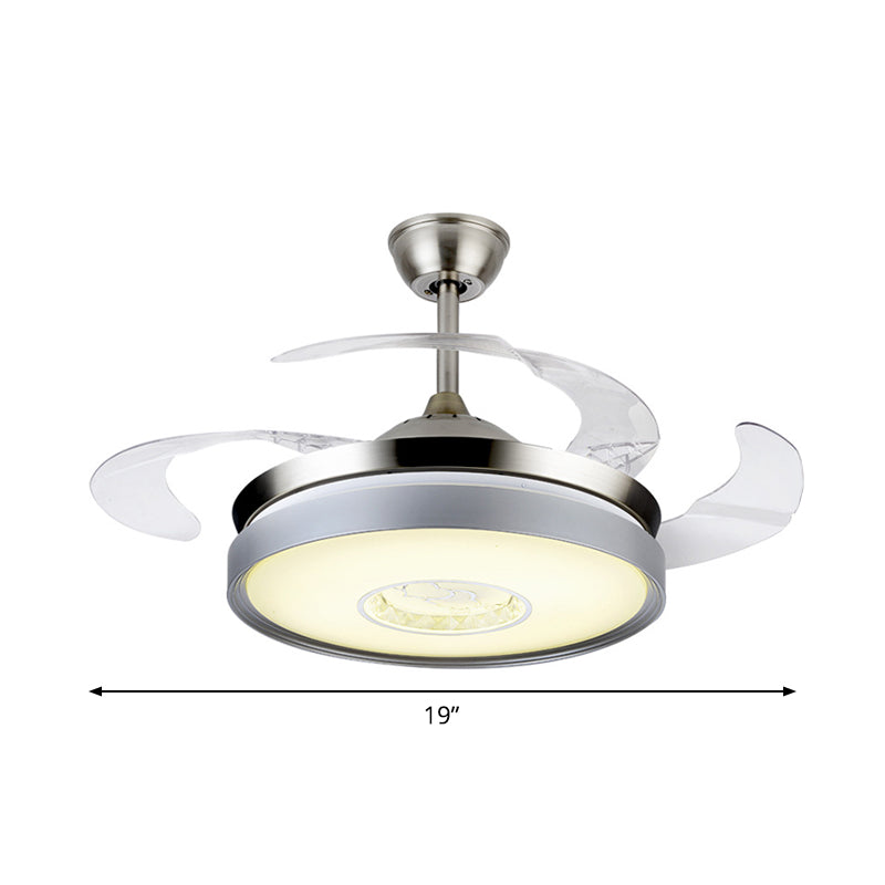 4-Blade Acrylic Drum Pendant Fan Light Contemporary 19" Wide LED Silver Semi Flush for Dining Room