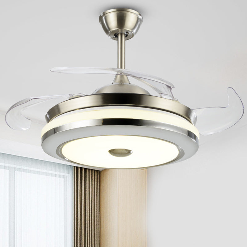 Circular Semi Flush Light Fixture Simple 19" Wide LED Bedroom Ceiling Fan Lamp Fixture in Silver, 4 Blades