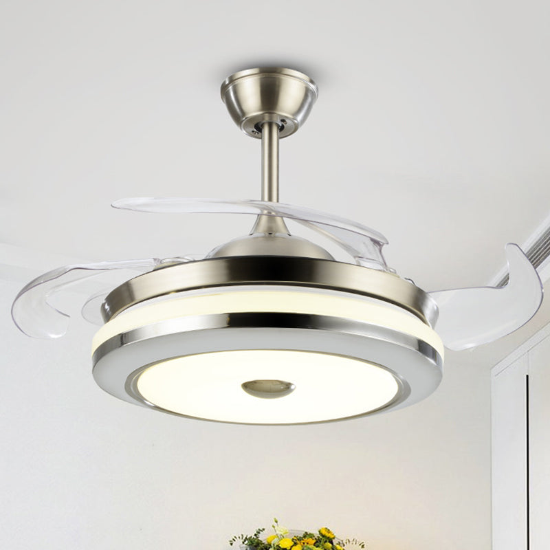 Circular Semi Flush Light Fixture Simple 19" Wide LED Bedroom Ceiling Fan Lamp Fixture in Silver, 4 Blades