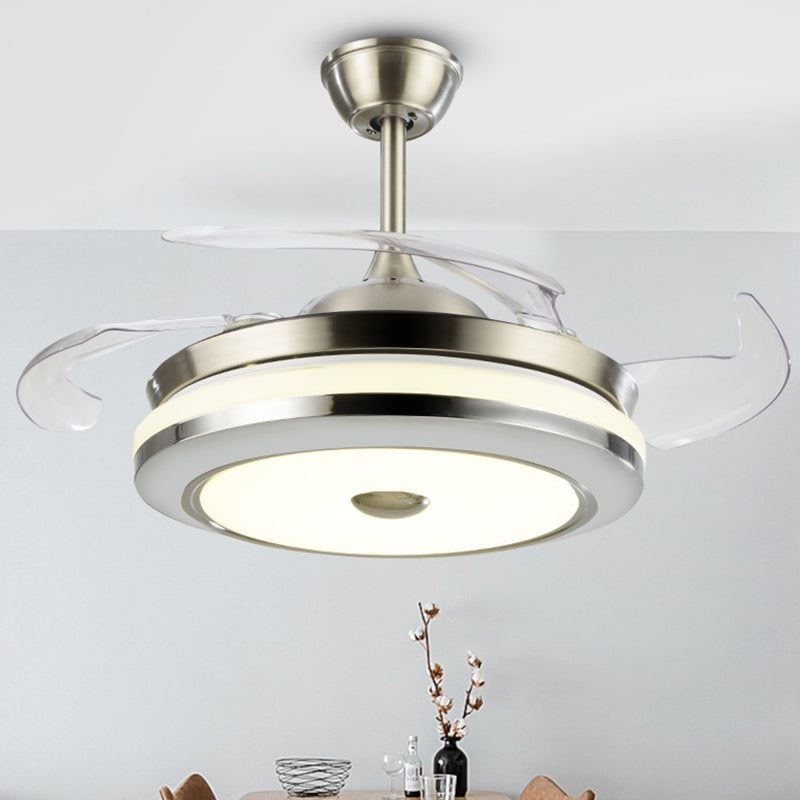 Circular Semi Flush Light Fixture Simple 19" Wide LED Bedroom Ceiling Fan Lamp Fixture in Silver, 4 Blades