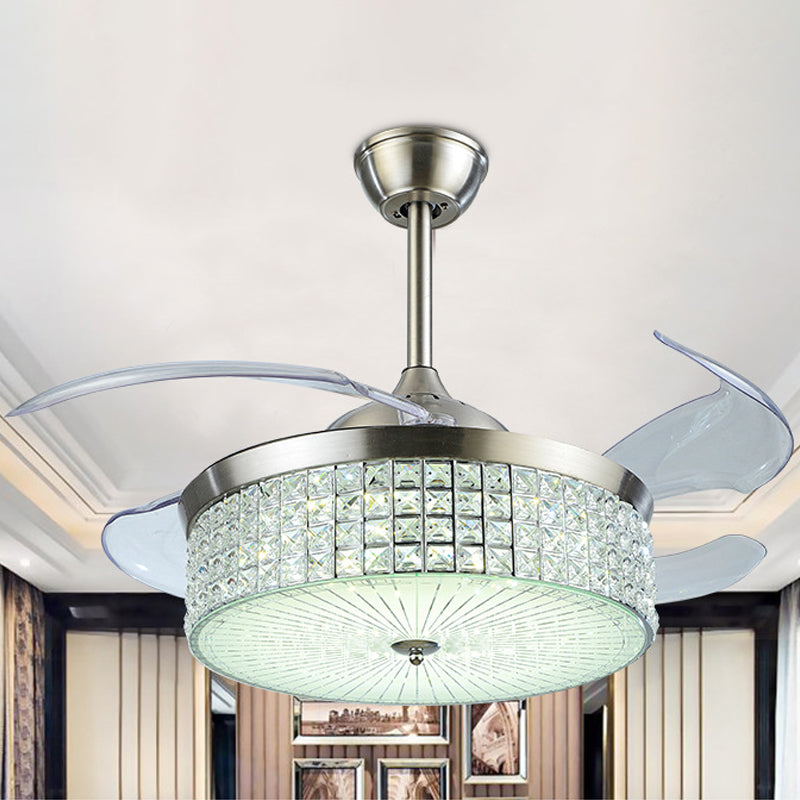 19 "breites nordisches Trommelanhänger Lüfter Leichtkristall geschrubter Wohnzimmer LED SEMI Flush Mount in Silber mit 4 Klingen