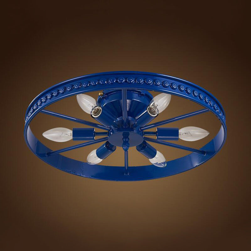 Black/Bronze 6 Heads Semi Flush Ceiling Light Farmhouse Stylish Metallic Wheel Shade Ceiling Lamp for Living Room