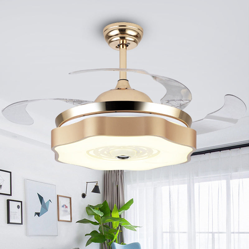 4-Blade LED Bedroom Pendant Fan Light Modern Gold Semi Mount Lighting with Petal Acrylic Shade, 19" Wide