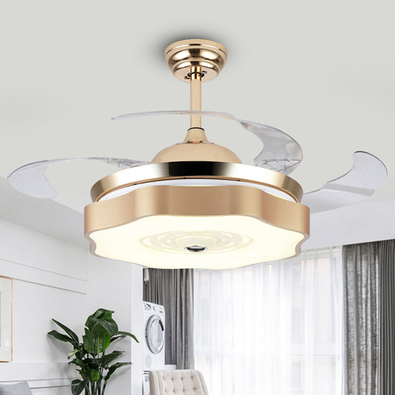 4-Blade-LED-Schlafzimmer Anhänger Lüfter Licht moderne Gold Halbmontage mit Blütenblatt Acrylschatten, 19 "breit