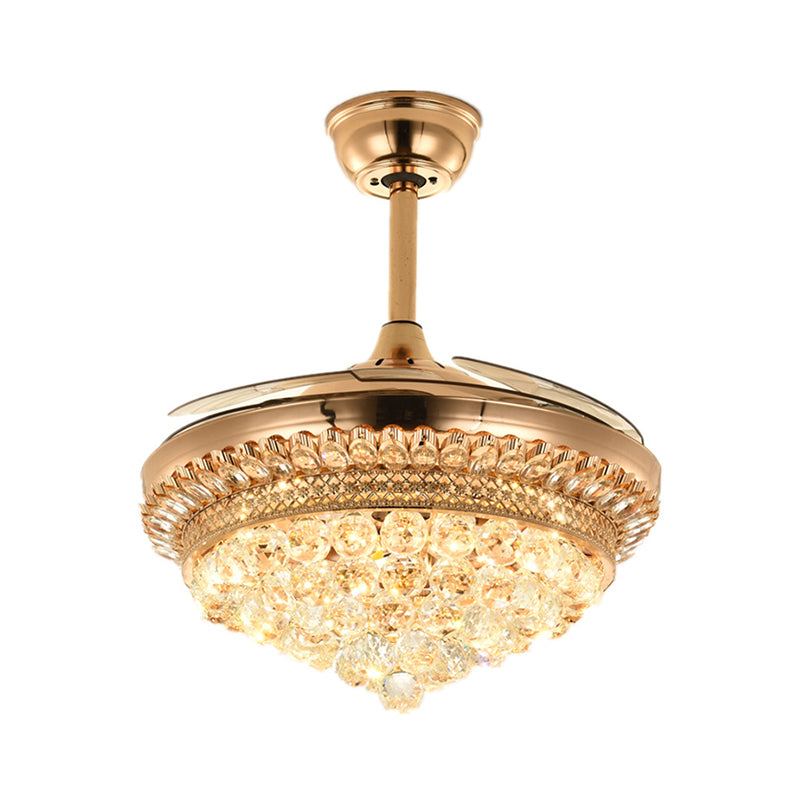 Faceted Crystal Bowl Semi Flush Ceiling Light Modern 19" Wide LED Pendant Fan Lamp, 4 Blades