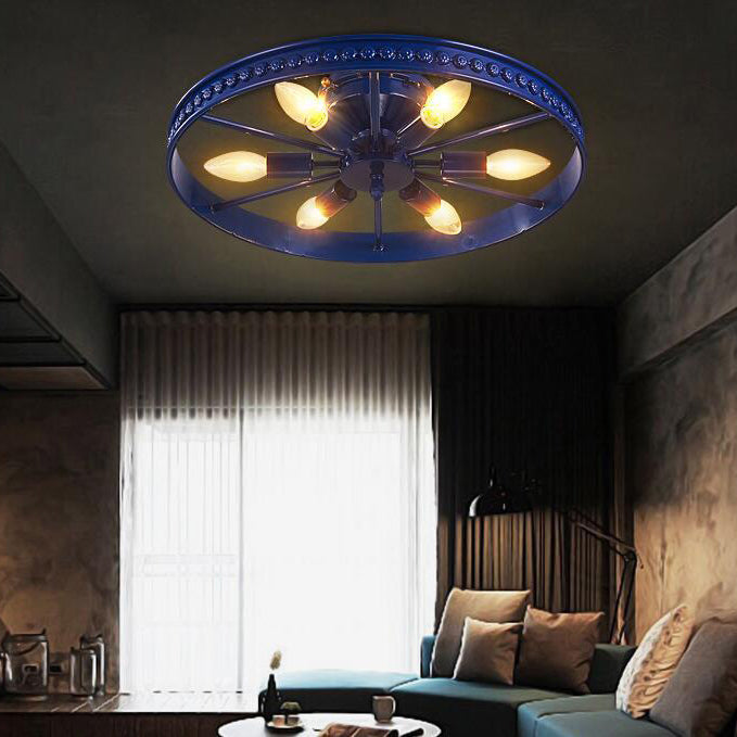 Black/Bronze 6 Heads Semi Flush Ceiling Light Farmhouse Stylish Metallic Wheel Shade Ceiling Lamp for Living Room