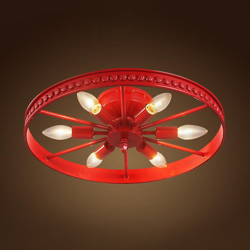 Black/Bronze 6 Heads Semi Flush Ceiling Light Farmhouse Stylish Metallic Wheel Shade Ceiling Lamp for Living Room