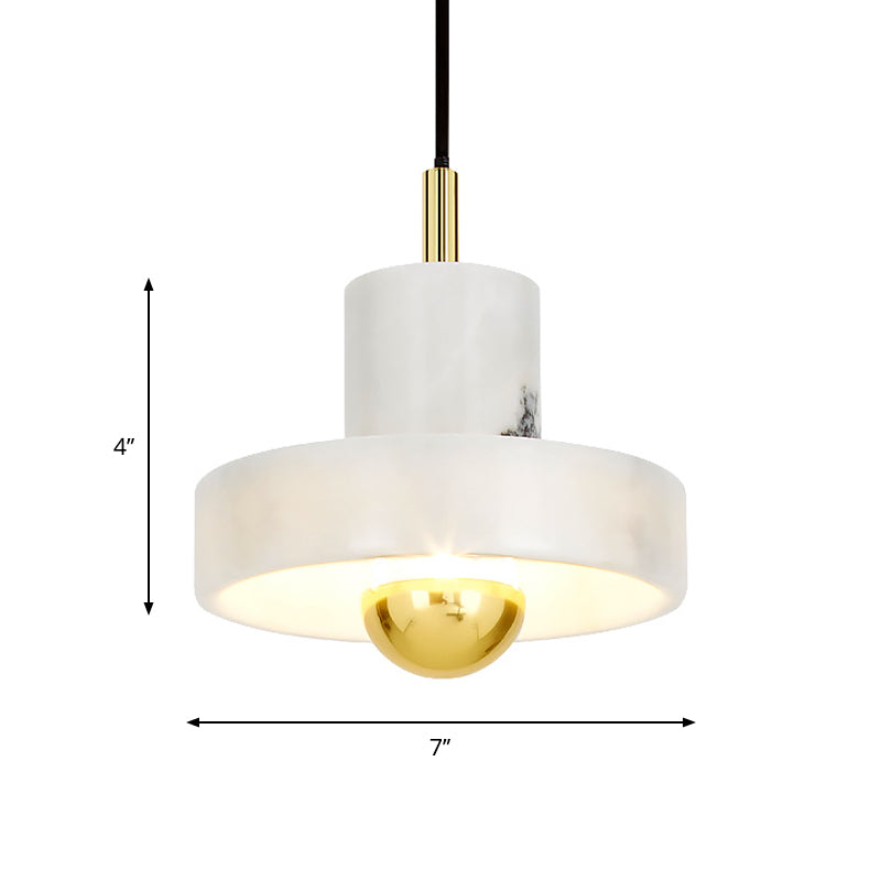 Minimalist Pot-Lid Pendulum Light Marble 1-Bulb Dining Room Suspension Pendant in White and Brass