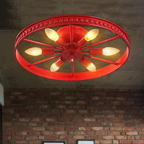 Black/Bronze 6 Heads Semi Flush Ceiling Light Farmhouse Stylish Metallic Wheel Shade Ceiling Lamp for Living Room