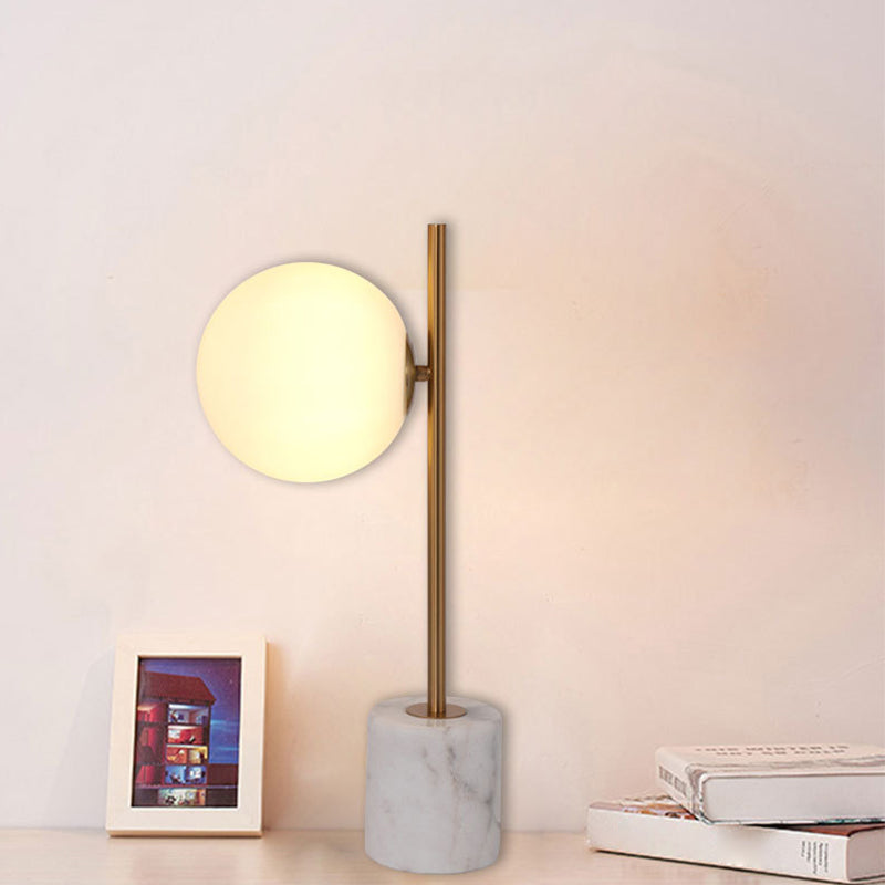 White Glass Ball Night Lamp Simple Single-Bulb Table Stand Light with Brass Pole and Marble Base