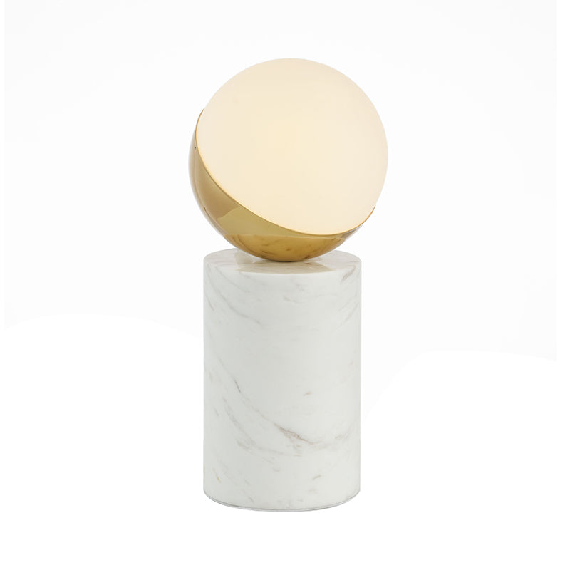 Minimalist Ball Nightstand Light Cream Glass Single Bedside Table Lamp with Marble Pillar in Brass and White