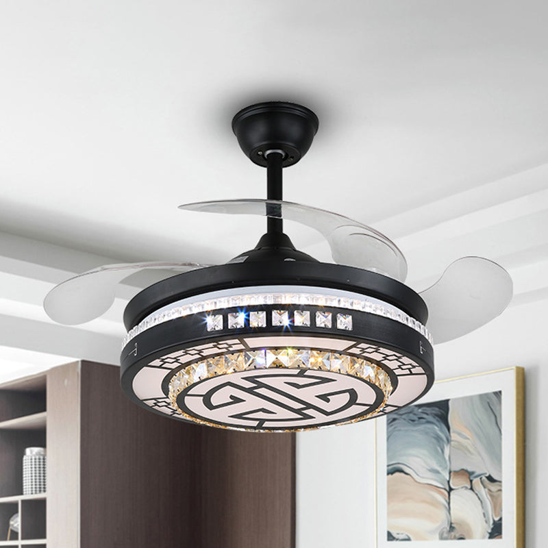 4 Klingen geschichtetes Schlafzimmer Semi Flush Crystal 20 "breite LED -Einfachheit Hanges Lüfterleuchte in Schwarz