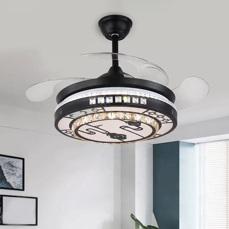 4 Klingen geschichtetes Schlafzimmer Semi Flush Crystal 20 "breite LED -Einfachheit Hanges Lüfterleuchte in Schwarz