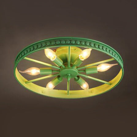 Black/Bronze 6 Heads Semi Flush Ceiling Light Farmhouse Stylish Metallic Wheel Shade Ceiling Lamp for Living Room