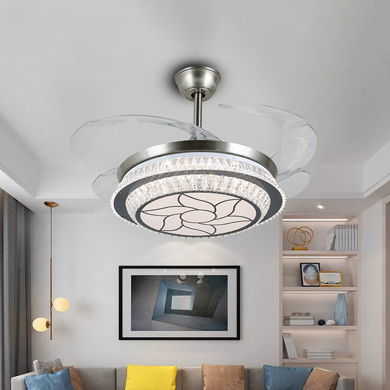 19 "breit gestufte Kristall Halbflush Mount Leichte LED Silber Hanging Lüfterlampe mit 4 Klingen