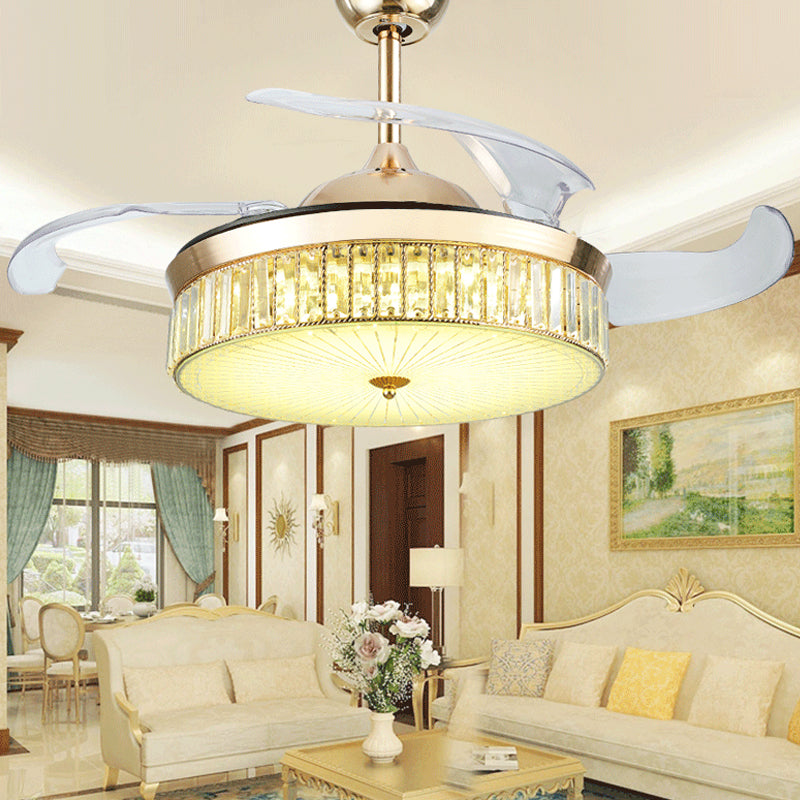 4 Blades Gold Drum Semi Flush Mount Contemporary Crystal Prisma LED Deckenlüftungslampe, 19 "breit