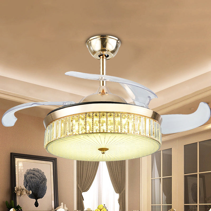 4 Blades Gold Drum Semi Flush Mount Contemporary Crystal Prisma LED Deckenlüftungslampe, 19 "breit
