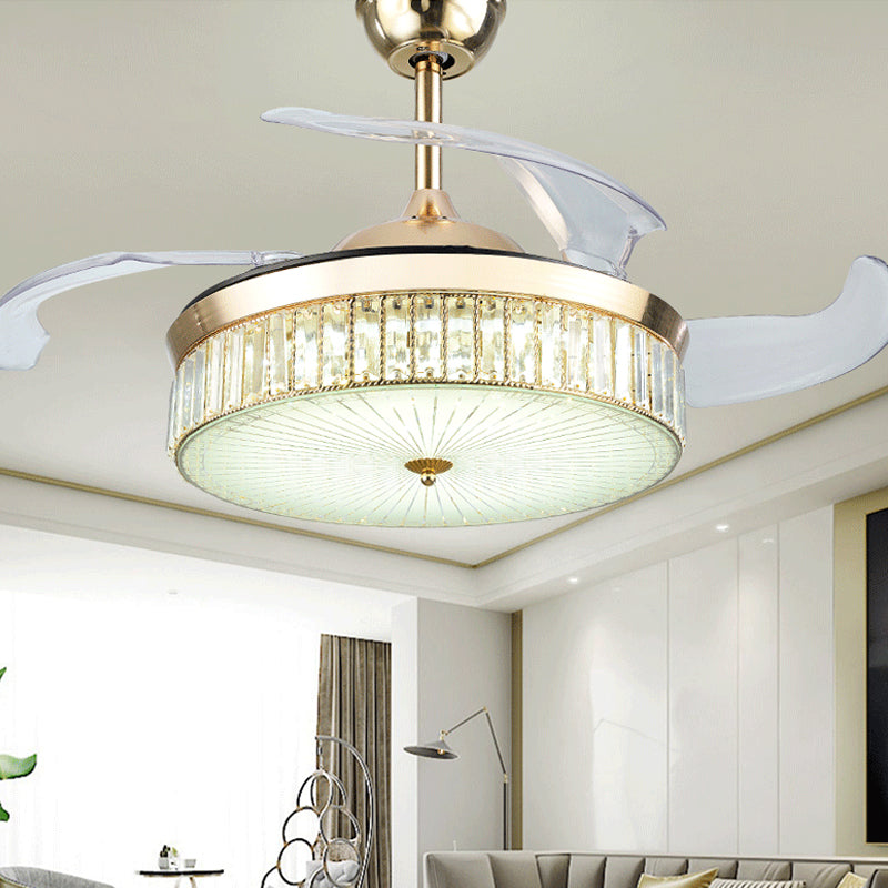 4 Blades Gold Drum Semi Flush Mount Contemporary Crystal Prisma LED Deckenlüftungslampe, 19 "breit