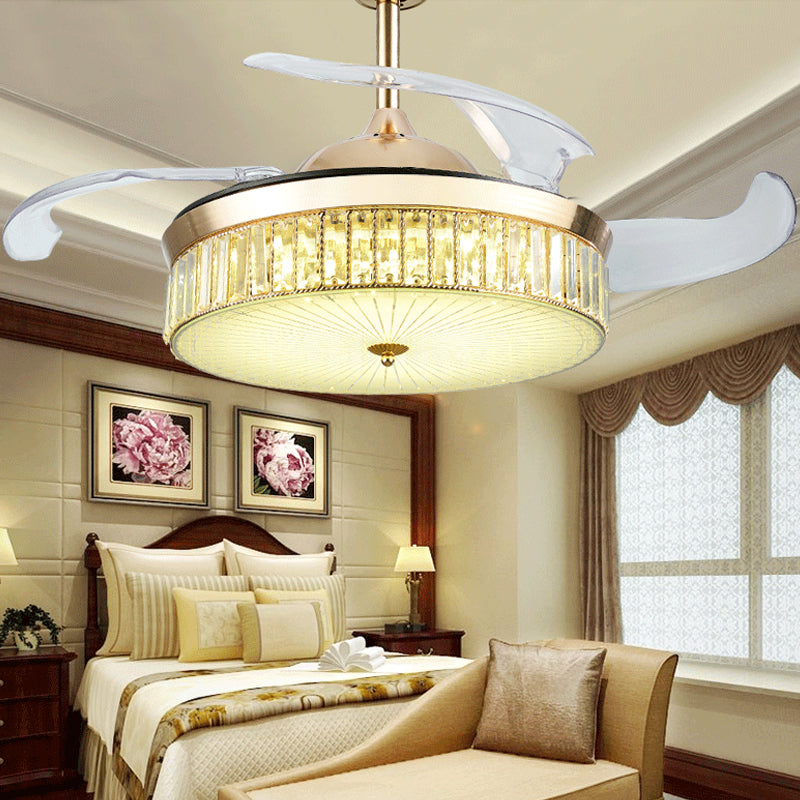 4 Blades Gold Drum Semi Flush Mount Contemporary Crystal Prisma LED Deckenlüftungslampe, 19 "breit