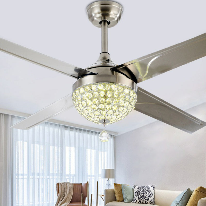 48" Wide LED Crystal Pendant Fan Lamp Rustic Nickel Domed Living Room Semi Flush Light with 4 Blades