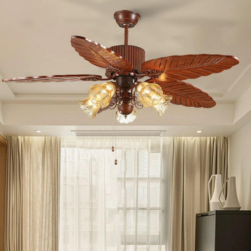 Bell Frosted Glass Pendant Fan Light Simple 5 Blades 5 Lights Brown Semi Flush Mount Lighting with Pull Chain