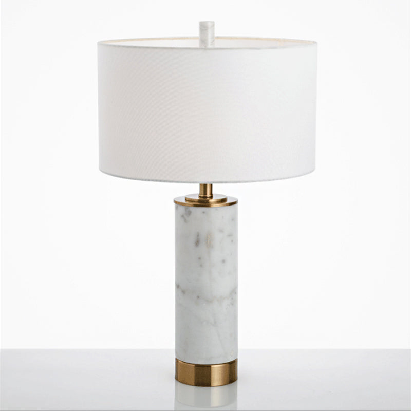 Lampada da comodino con paralume a tamburo Lampada da tavolo in tessuto minimalista per camera singola con accento in marmo bianco