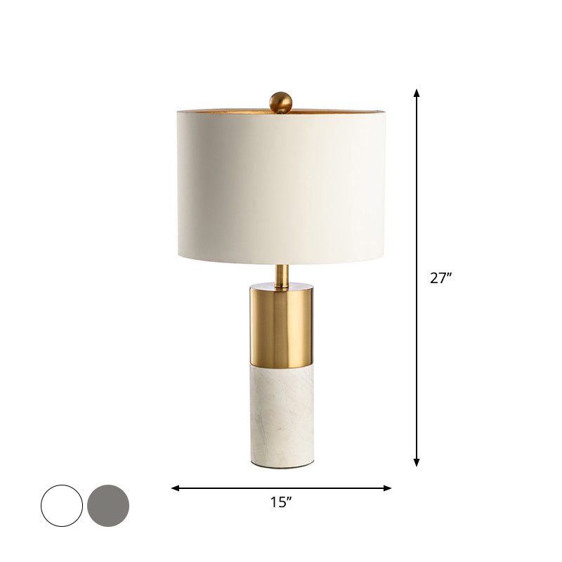 Table cylindrique lumière marbre minimaliste en laiton à 1 tête et lampe de nuit grise / blanche avec abat-jour en tissu