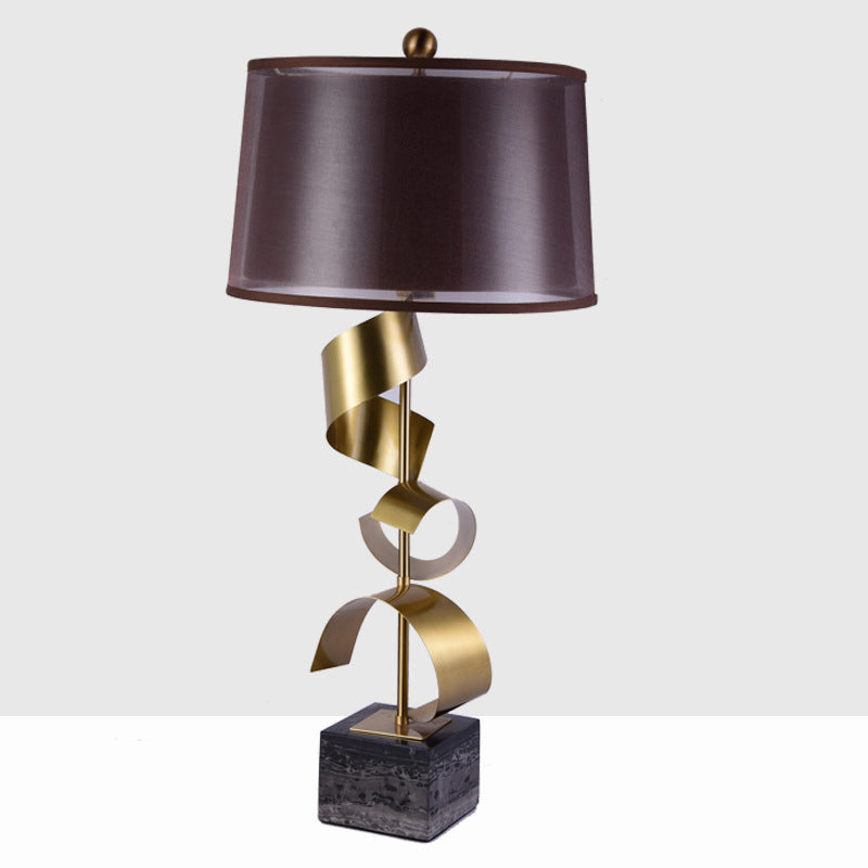Tissu tambour table support lampe moderne 1 tête brun nocturne Lumière avec décor en feuille d'or