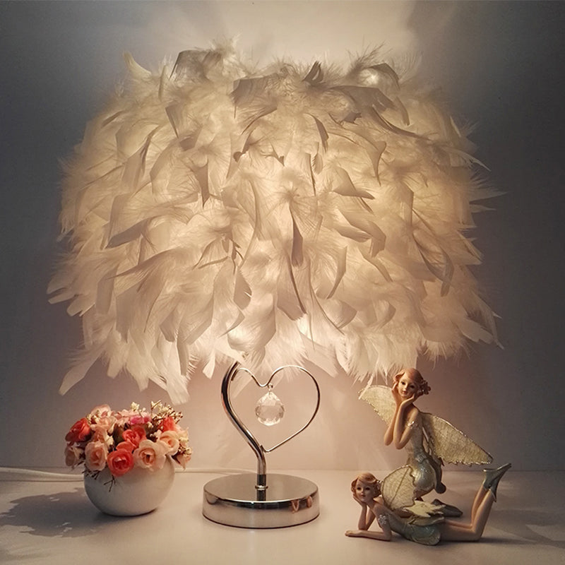 Modern Single Nightstand Lamp Red/White/Pink Bucket Shaped Table Light with Feather Shade and Crystal Drop
