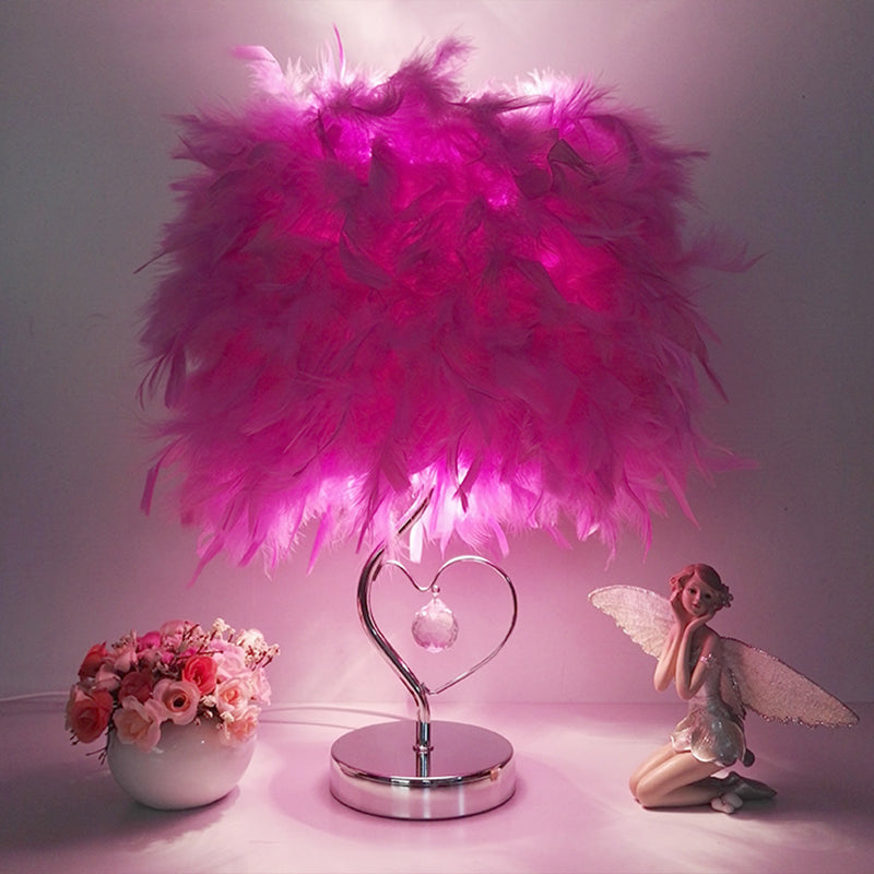 Modern Single Nightstand Lamp Red/White/Pink Bucket Shaped Table Light with Feather Shade and Crystal Drop