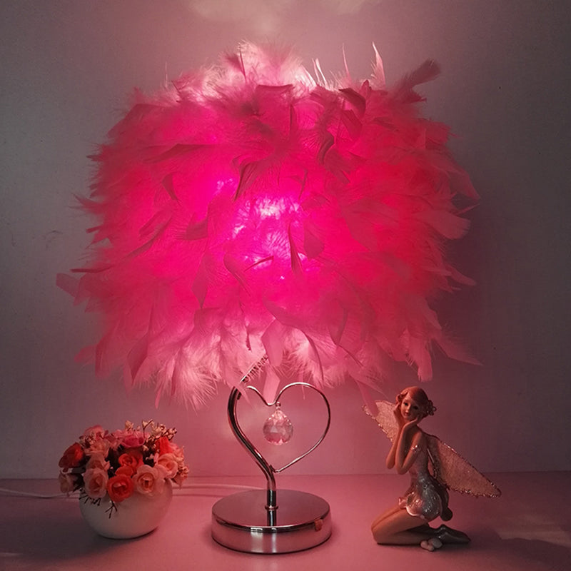 Modern Single Nightstand Lamp Red/White/Pink Bucket Shaped Table Light with Feather Shade and Crystal Drop