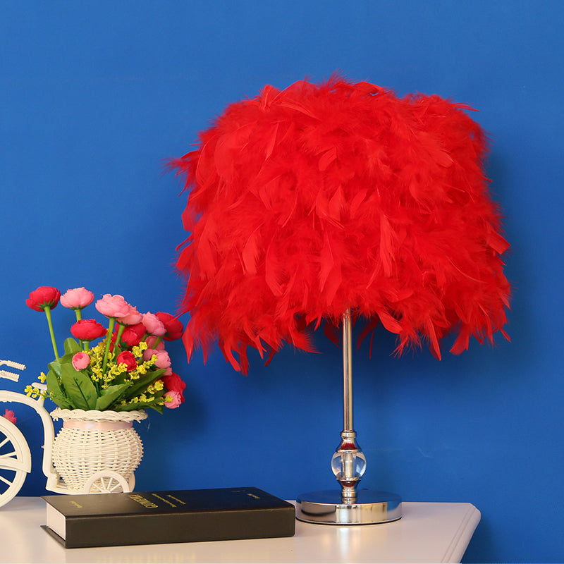 Simplicité Drum Night lampe plume 1-Light Table Light Table Éclairage en rose / rouge / jaune avec décor en cristal