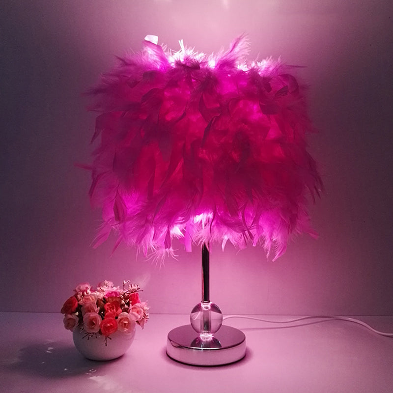 Cylinder Feather Table Lamp Contemporary 1 Bulb Red/Pink/Burgundy Night Stand Light with Crystal Ball