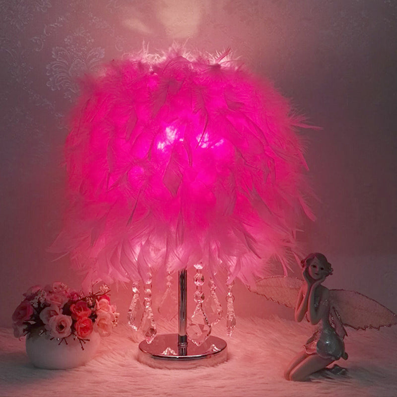 Modernist Cylinder Night Light Feather Single Bedroom Table Lamp in Pink/Peach Red/White with Crystal Strand