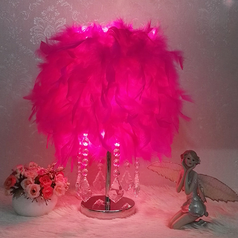 Modernist Cylinder Night Light Feather Single Bedroom Table Lamp in Pink/Peach Red/White with Crystal Strand