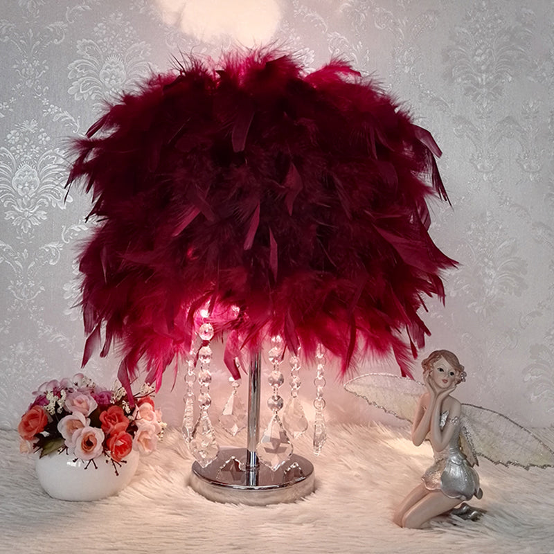 Modernist Cylinder Night Light Feather Single Bedroom Table Lamp in Pink/Peach Red/White with Crystal Strand