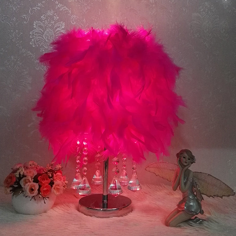Modernist Cylinder Night Light Feather Single Bedroom Table Lamp in Pink/Peach Red/White with Crystal Strand