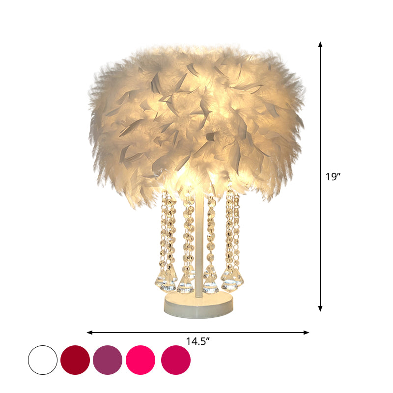 Lampe à table ronde rouge / rose / violet moderniste 1-Light Feather Tablette de nuit avec cristal de drapage