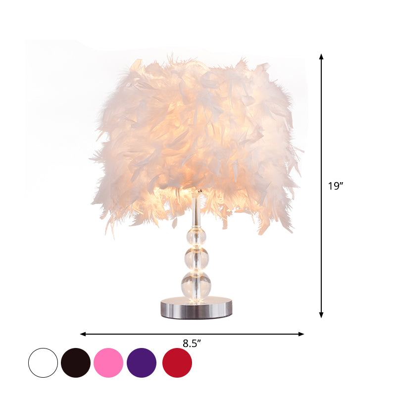 Minimalist Cylinder Night Light Feather 1 Head Bedroom Table Lamp in Red/Pink/Purple with Bubble Crystal Pedestal