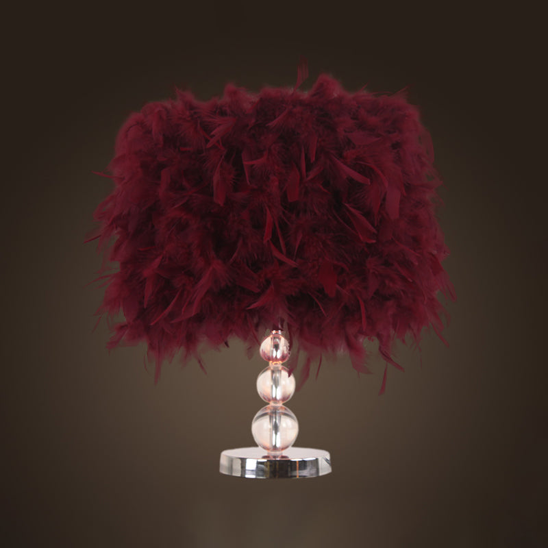 Minimalist Cylinder Night Light Feather 1 Head Bedroom Table Lamp in Red/Pink/Purple with Bubble Crystal Pedestal