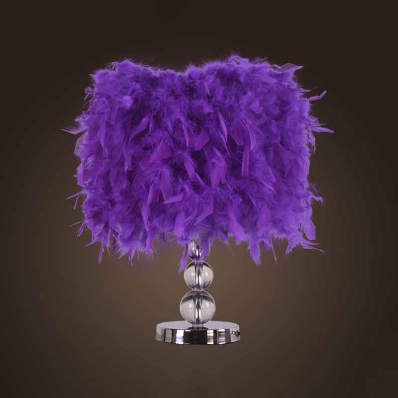 Minimalist Cylinder Night Light Feather 1 Head Bedroom Table Lamp in Red/Pink/Purple with Bubble Crystal Pedestal