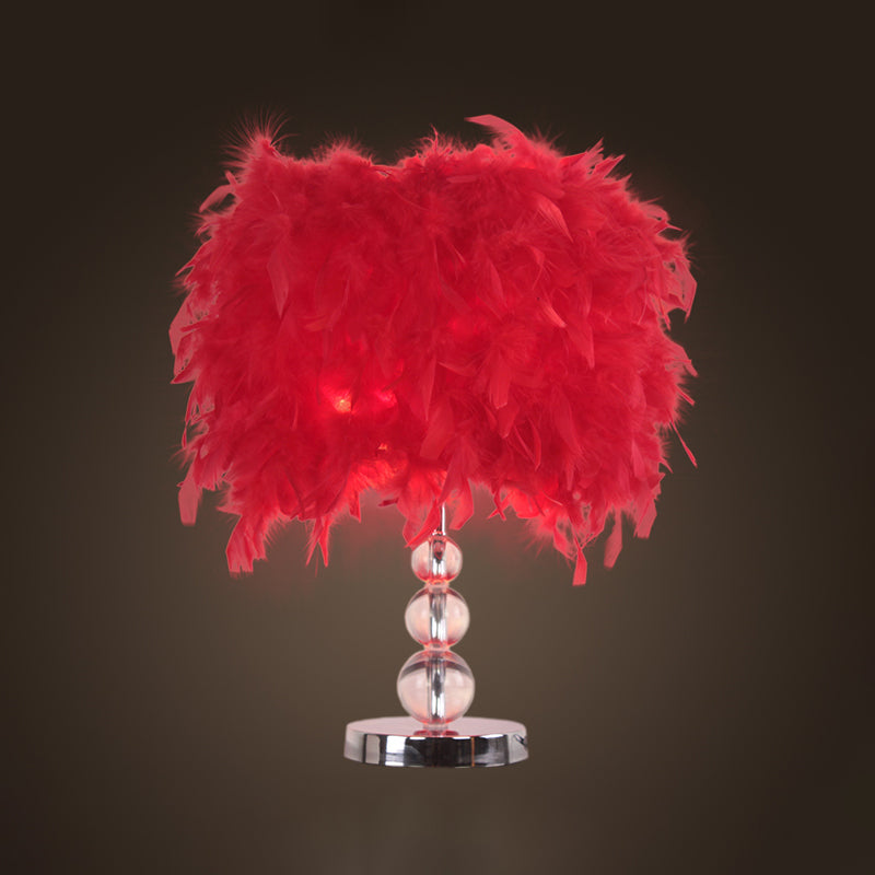 Minimalist Cylinder Night Light Feather 1 Head Bedroom Table Lamp in Red/Pink/Purple with Bubble Crystal Pedestal
