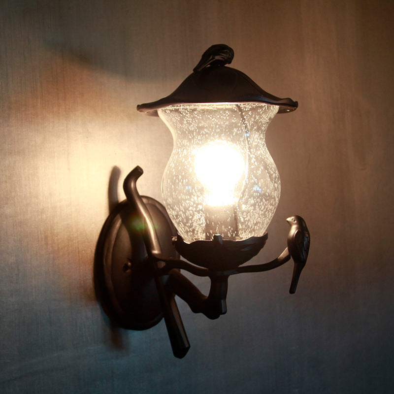 1-Light Seedy Glass Lantern Sconce Rustic Black Gourd Shaped Garden Wall Lamp with Bird Deco