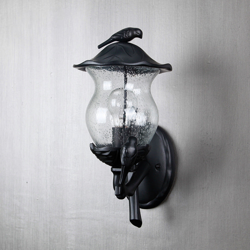 1 Light Light Glass Lantern Lantern Sconce Rustique Black Gourd Garded Garden Mur Wall With Bird Deco
