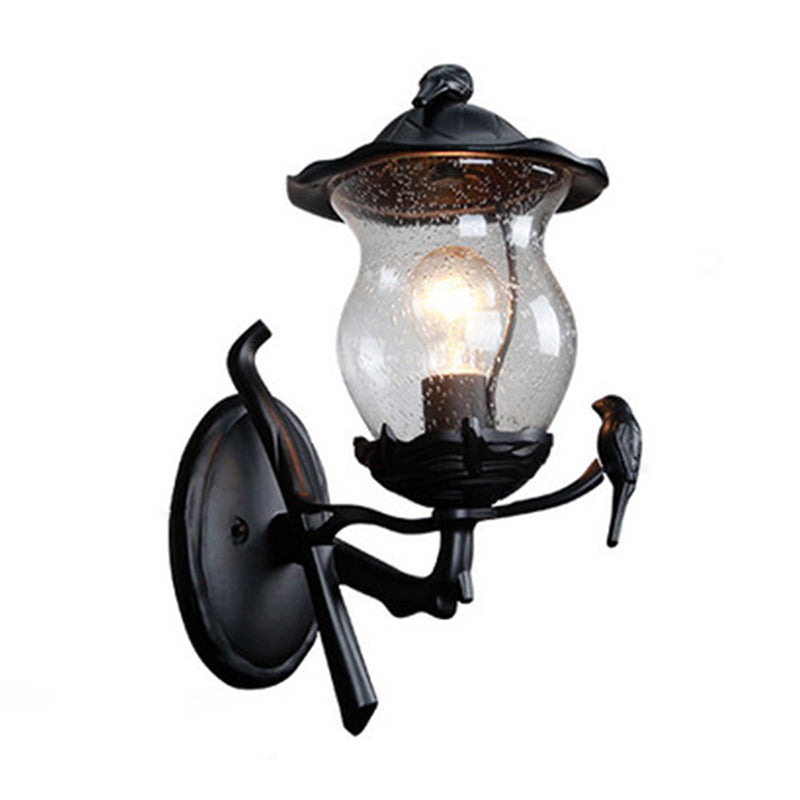 1-Light Seedy Glass Lantern Sconce Rustic Black Gourd Shaped Garden Wall Lamp with Bird Deco