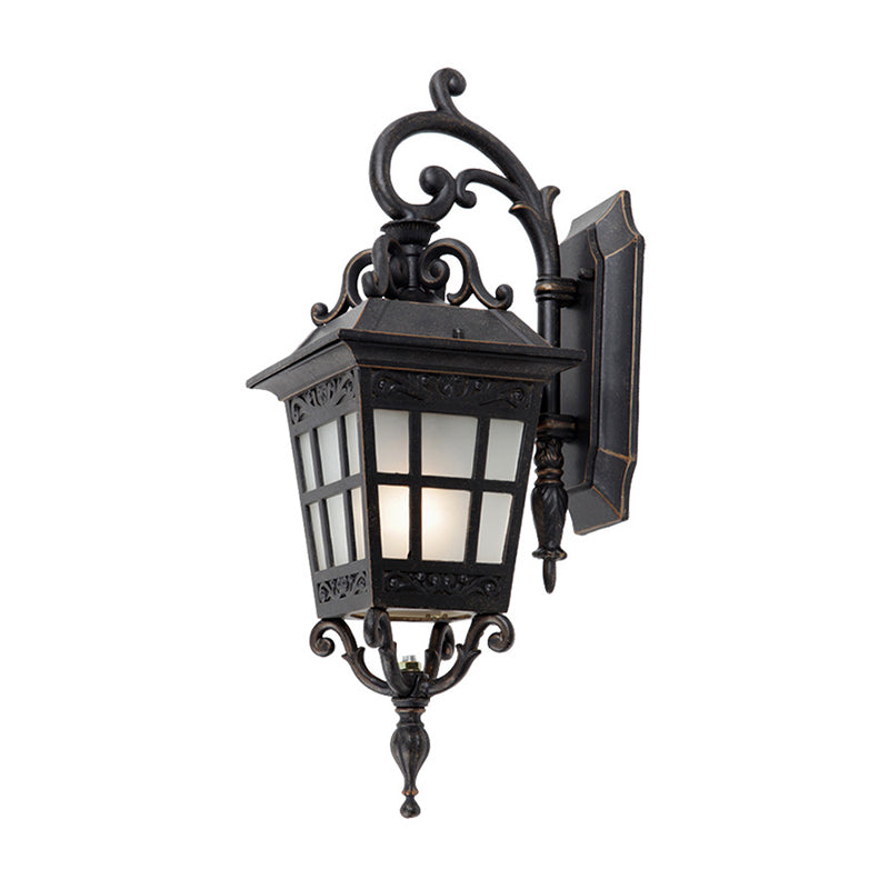 Vintage Lantern Sconce Light Single Frosted White Glass Outdoor Wall Mount with Scroll Arm in Black