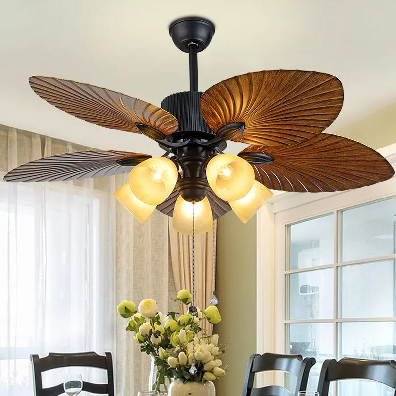 5-Blade 5 Köpfe Schlafzimmer Deckenlüftungslampe Modernes schwarzes Halbblüzlicht mit konischem Plastikschatten, 52 "breit