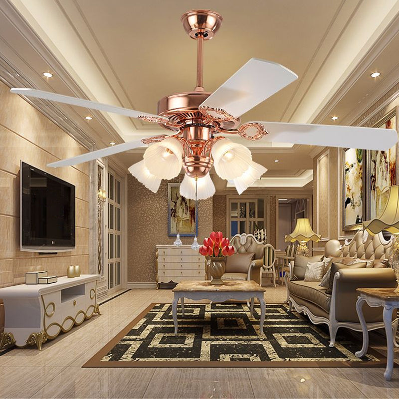 52" Wide Gold 5 Lights Hanging Fan Light Countryside Frosted Glass Bell Shade Semi-Flush Mount, 5 Blades