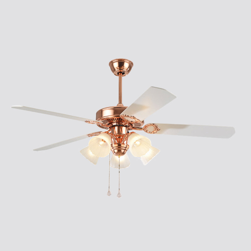 52" Wide Gold 5 Lights Hanging Fan Light Countryside Frosted Glass Bell Shade Semi-Flush Mount, 5 Blades